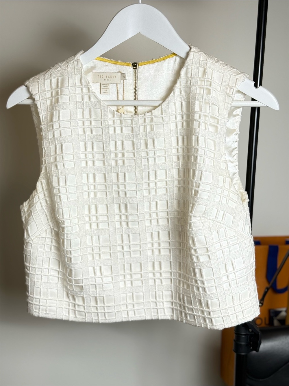 Ted Baker Cream Textured Sleeveless Crop Top with Grid Pattern